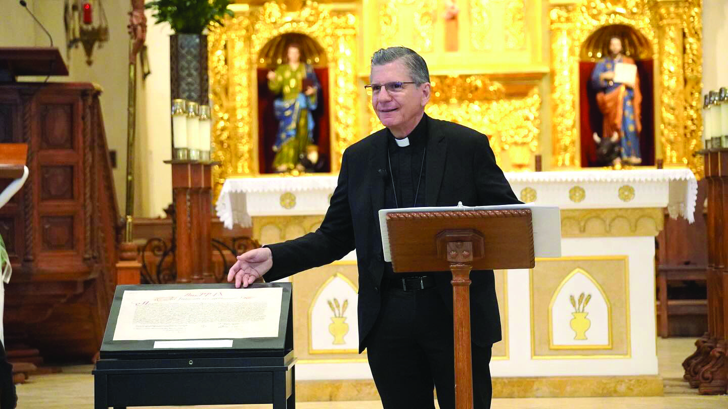 Archbishop speaking at San Fernando Cathedral