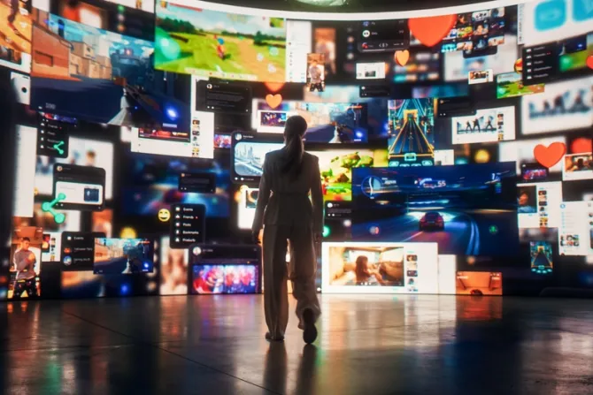 Digital influencer standing in front of a wall of screens