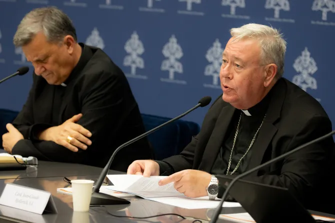 Cardinal Jean-Claude Hollerich, relator general of Synod on Synodality, speaks to the media