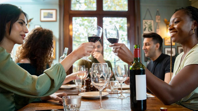 Group of friends toasting with wine glasses in hand