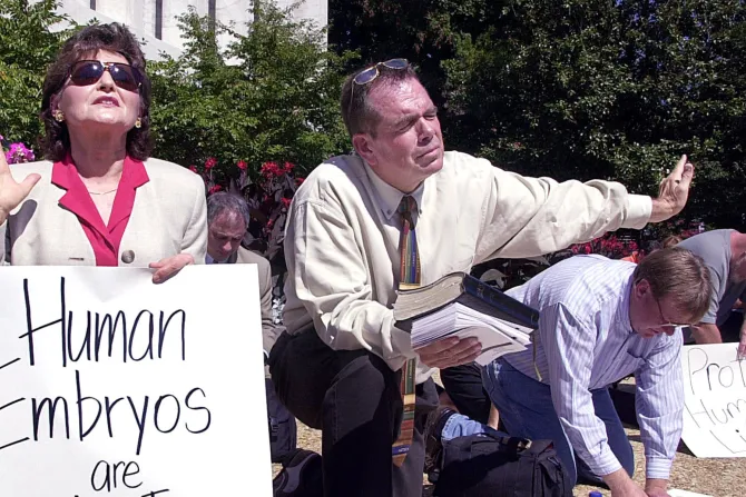 pro-life activist Eva Edl (left) prays in front of a Senate office building on Capitol Hill