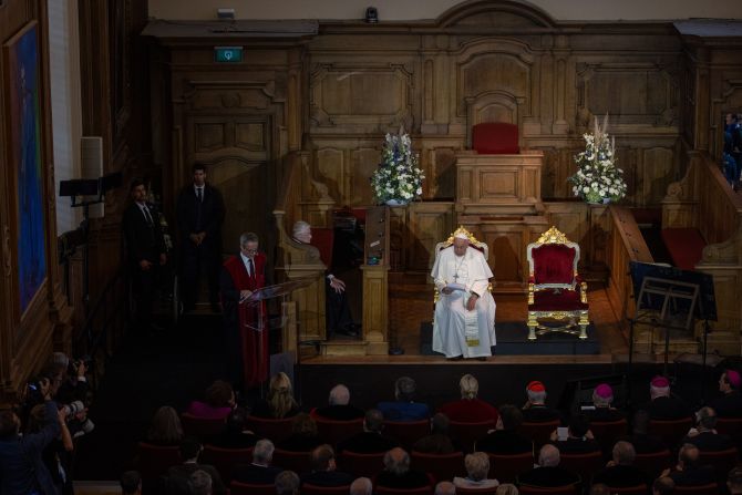 Pope Francis meets with academics at KU Leuven, a Belgian Catholic research university