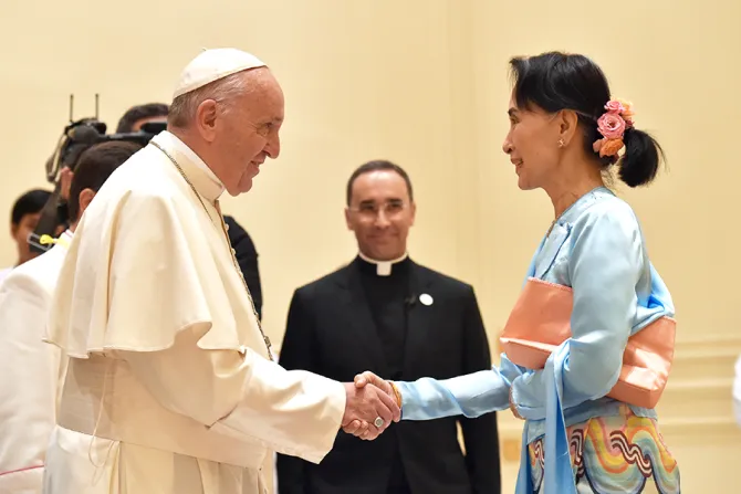 Pope Francis meets with Aung San Suu Kyi, winner of the 1991 Nobel Peace Prize