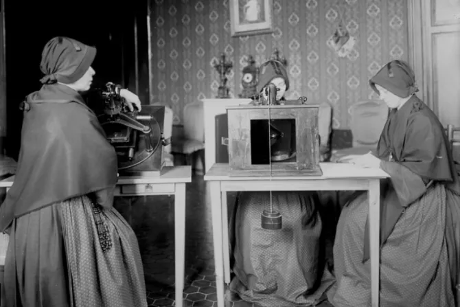 A team of nuns measures photographic plates