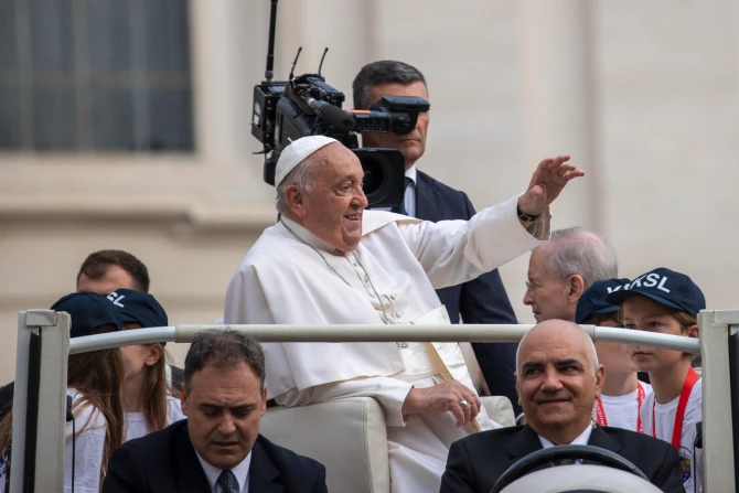 Pope Francis greets pilgrims at his general audience at the Vatican