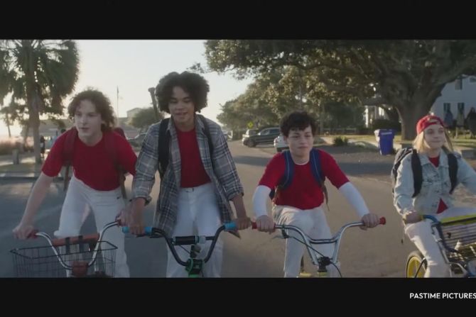 Actor Mason Thames (Noah), Noah Cottrell (Ben), Julian Lerner (Eugene), and Abby James Witherspoon (Sammy) in the new movie "Monster Summer"