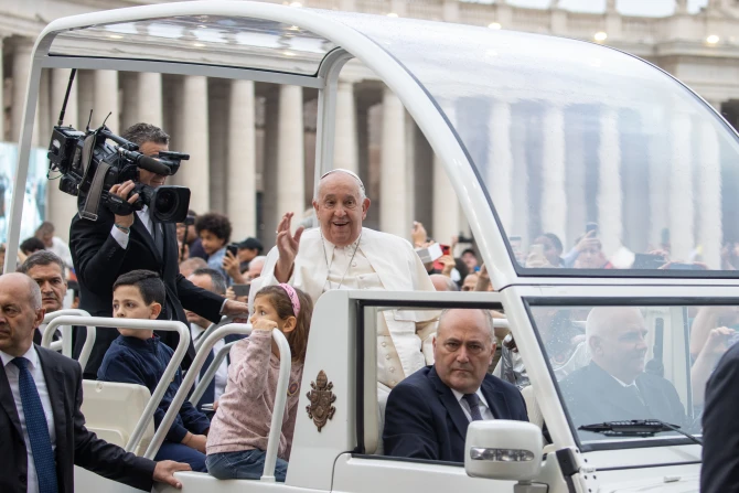 Pope Francis addresses pilgrims gathered in St. Peter’ Square for his general audience on Wednesday, Oct. 23, 2024, at the Vatican