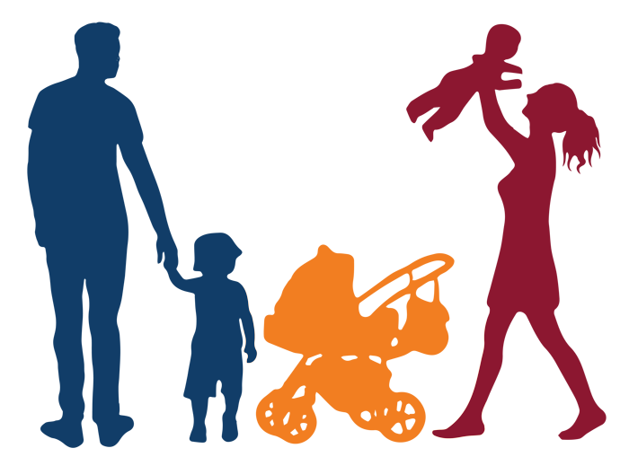 Parents with a small child, a baby, and a stroller