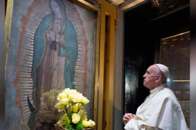 Pope Francis prays before an image of Our Lady of Guadalupe