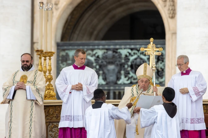 Pope Francis speaks at a Mass and canonization of 14 new saints in St. Peter’s Square