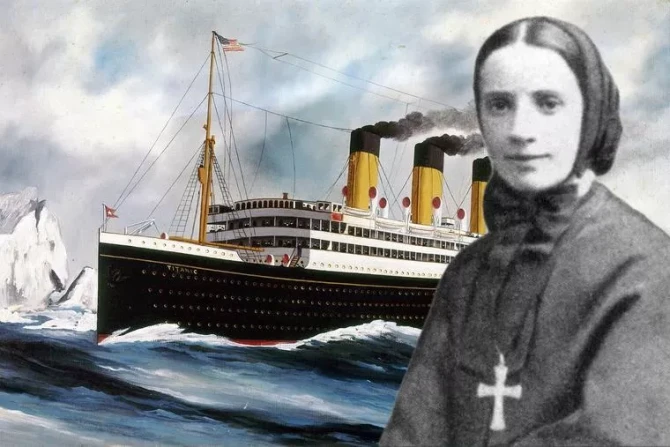 A photo of St. Frances Cabrini from 1880, the year she founded her order, is seen against a 1913 painting by Harry J. Jansen, “The Steamship Titanic