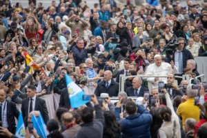 Pope Francis greets pilgrims gathered in St. Peter’s Square