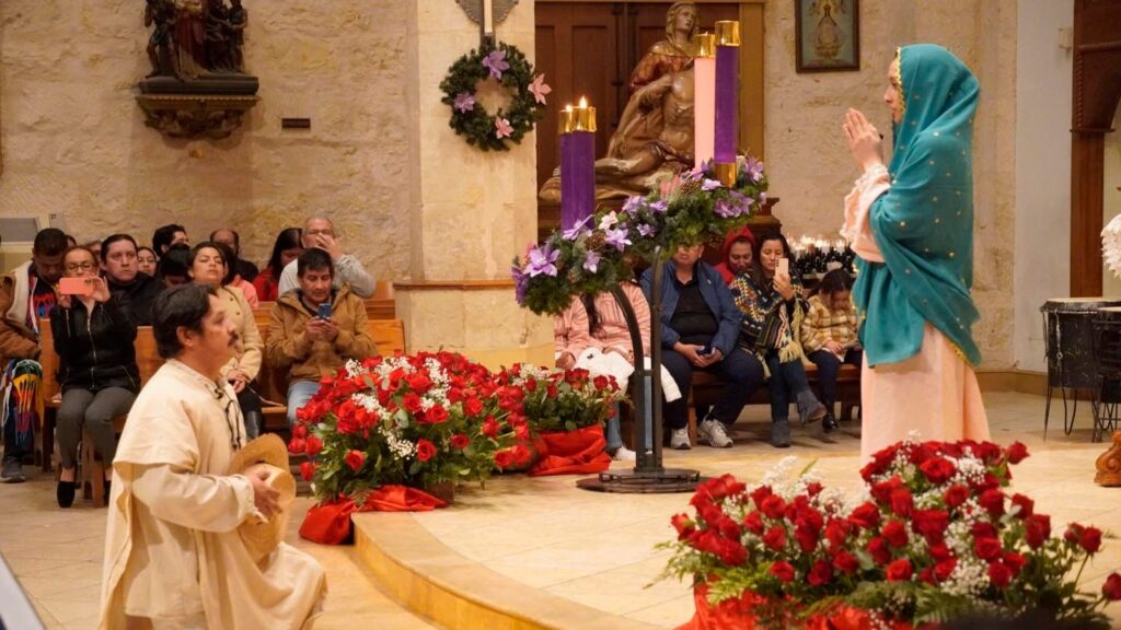 Reenactment of Juan Diego kneeling before Our Lady of Guadalupe at San Fernando Cathedral