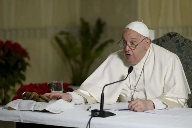 Pope Francis delivers his Angelus address via a video livestream from his Casa Santa Marta residence within the Vatican