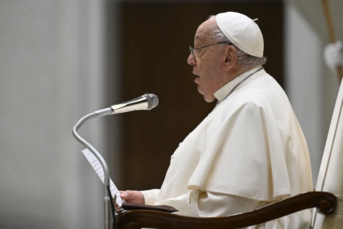 Pope Francis speaks to pilgrims gathered in the Paul VI Audience Hall